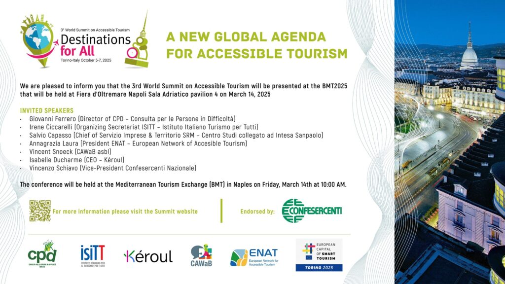 Turismo accessibile: venerdì 14 marzo alla BMT di Napoli la presentazione del terzo ‘World Summit on Accessible Tourism’